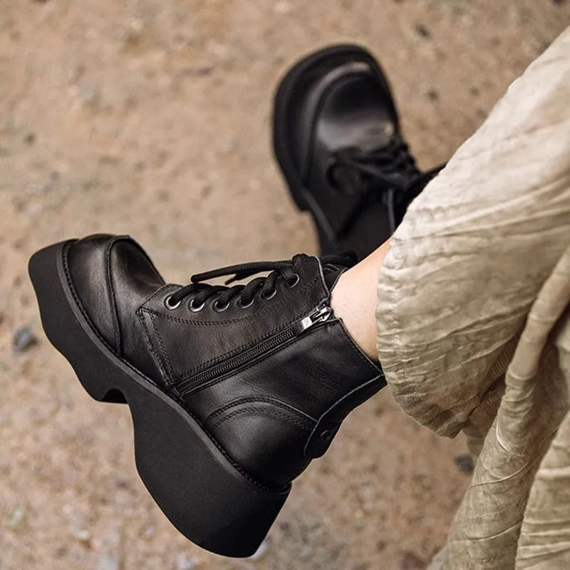 55mm Platform Boots Lace up Leather Martin Boots Handmade Combat Boots in Coffee/Black