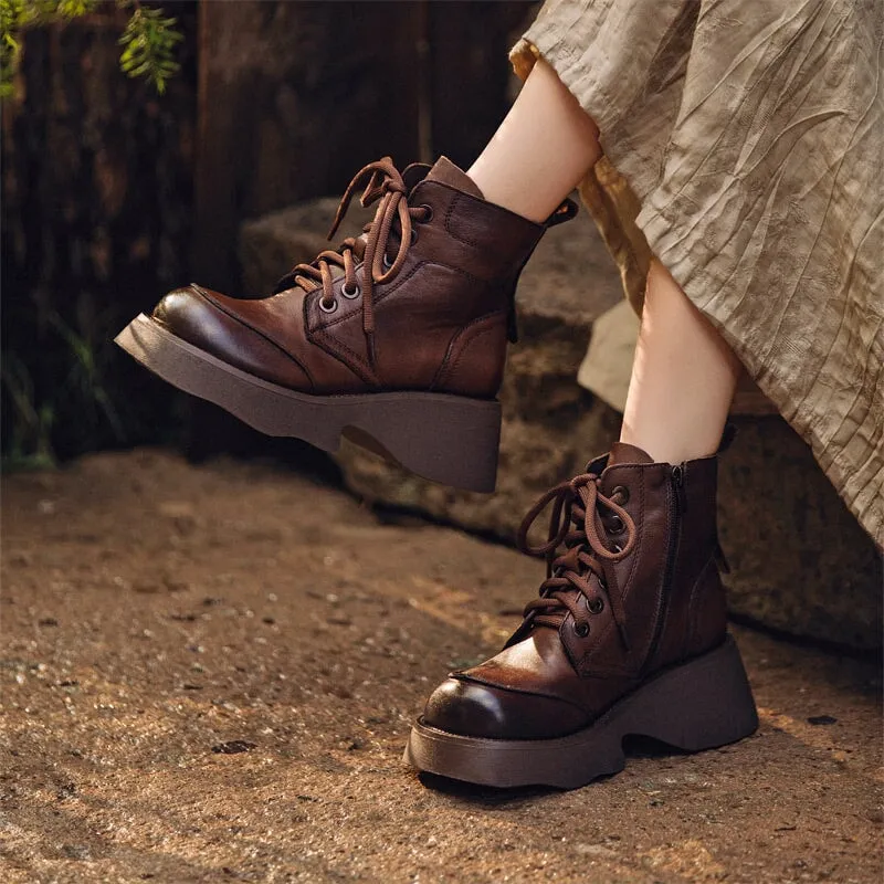 55mm Platform Boots Lace up Leather Martin Boots Handmade Combat Boots in Coffee/Black