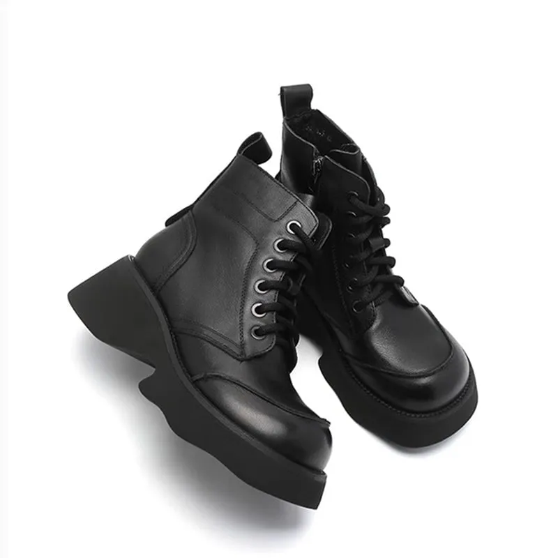 55mm Platform Boots Lace up Leather Martin Boots Handmade Combat Boots in Coffee/Black