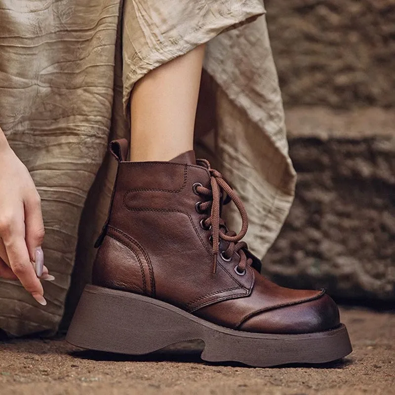 55mm Platform Boots Lace up Leather Martin Boots Handmade Combat Boots in Coffee/Black