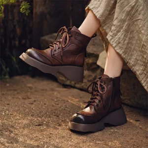 55mm Platform Boots Lace up Leather Martin Boots Handmade Combat Boots in Coffee/Black