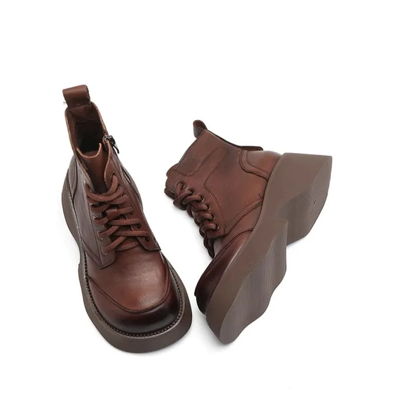 55mm Platform Boots Lace up Leather Martin Boots Handmade Combat Boots in Coffee/Black