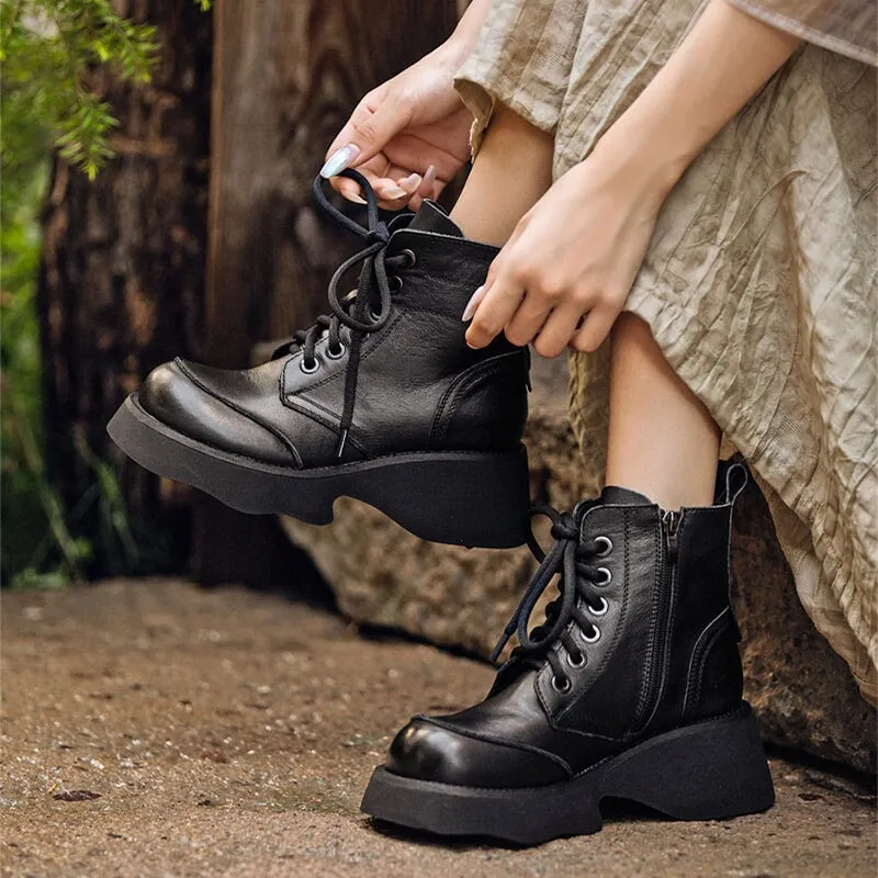 55mm Platform Boots Lace up Leather Martin Boots Handmade Combat Boots in Coffee/Black