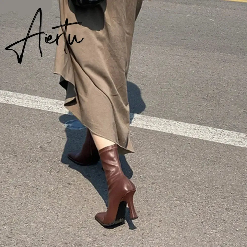 Aiertu Black Women Ankle Boots Woman Thin High Heel Fashion Pointed Toe Zipper Winter Women's Shoes Leather White Short Booties