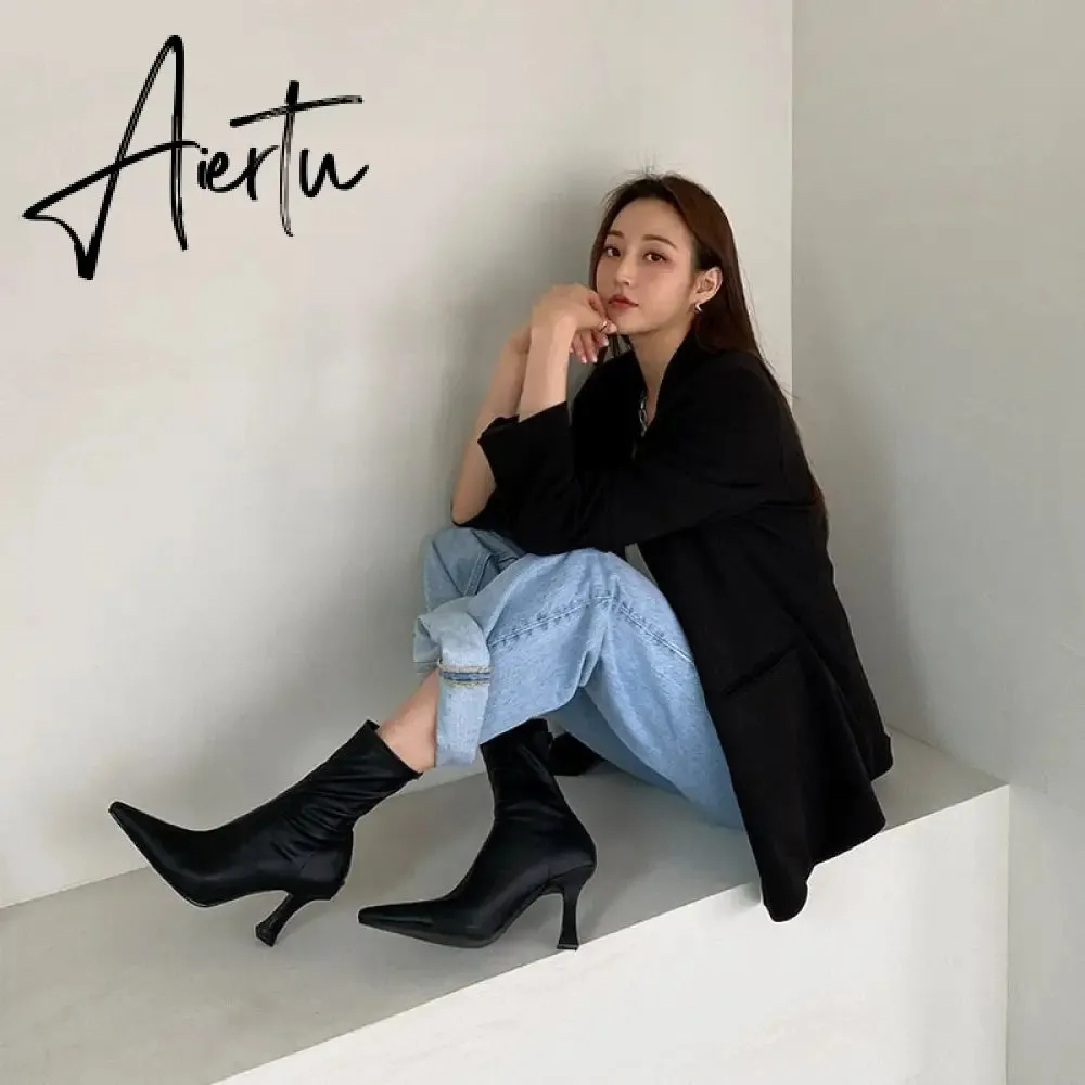 Aiertu Black Women Ankle Boots Woman Thin High Heel Fashion Pointed Toe Zipper Winter Women's Shoes Leather White Short Booties