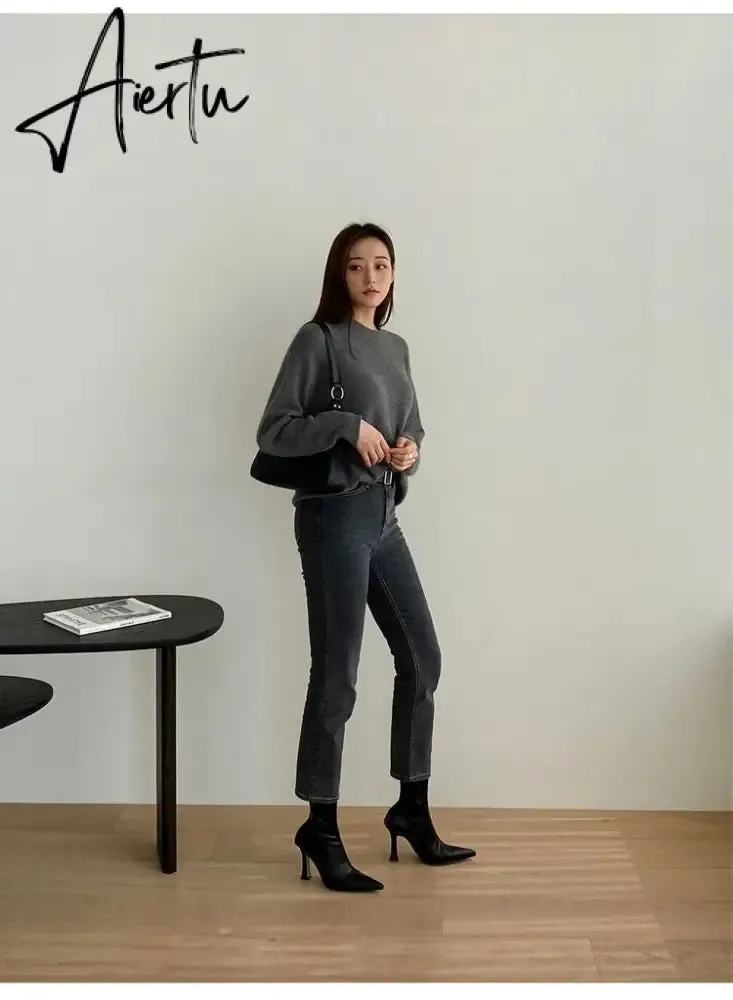 Aiertu Black Women Ankle Boots Woman Thin High Heel Fashion Pointed Toe Zipper Winter Women's Shoes Leather White Short Booties