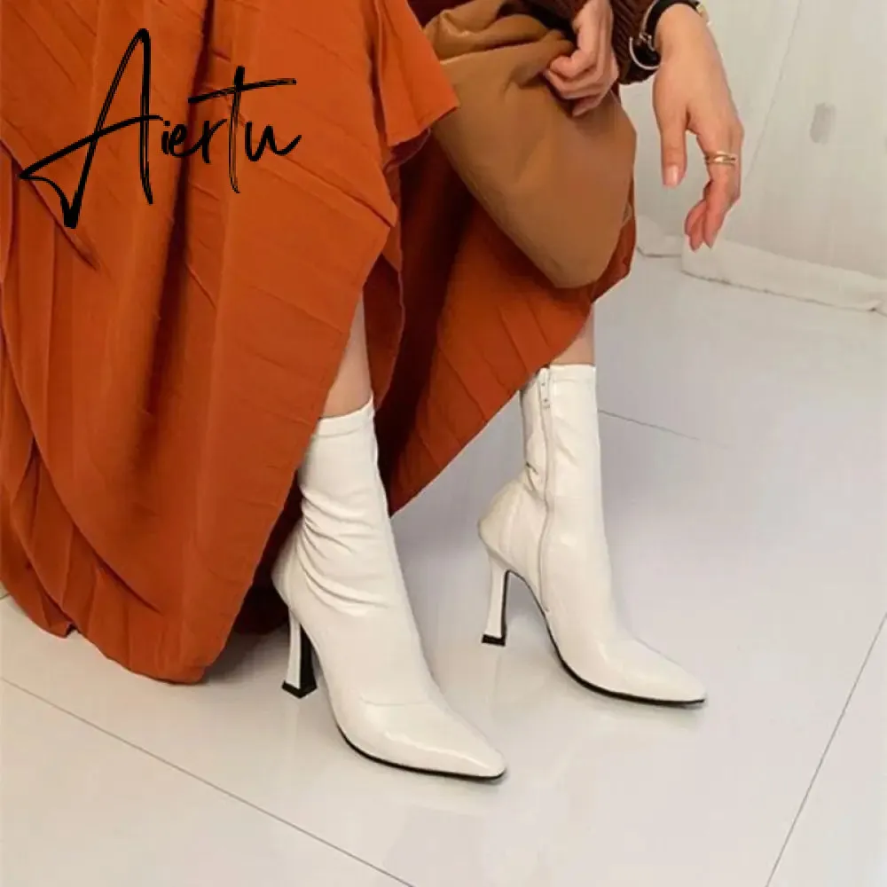 Aiertu Black Women Ankle Boots Woman Thin High Heel Fashion Pointed Toe Zipper Winter Women's Shoes Leather White Short Booties