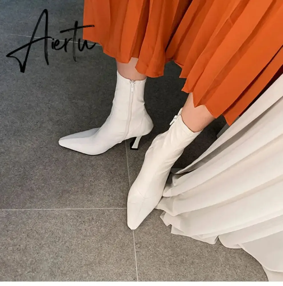 Aiertu Black Women Ankle Boots Woman Thin High Heel Fashion Pointed Toe Zipper Winter Women's Shoes Leather White Short Booties