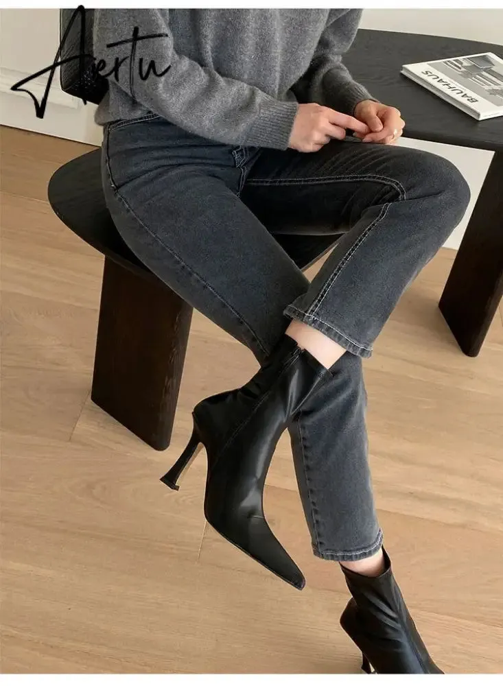 Aiertu Black Women Ankle Boots Woman Thin High Heel Fashion Pointed Toe Zipper Winter Women's Shoes Leather White Short Booties