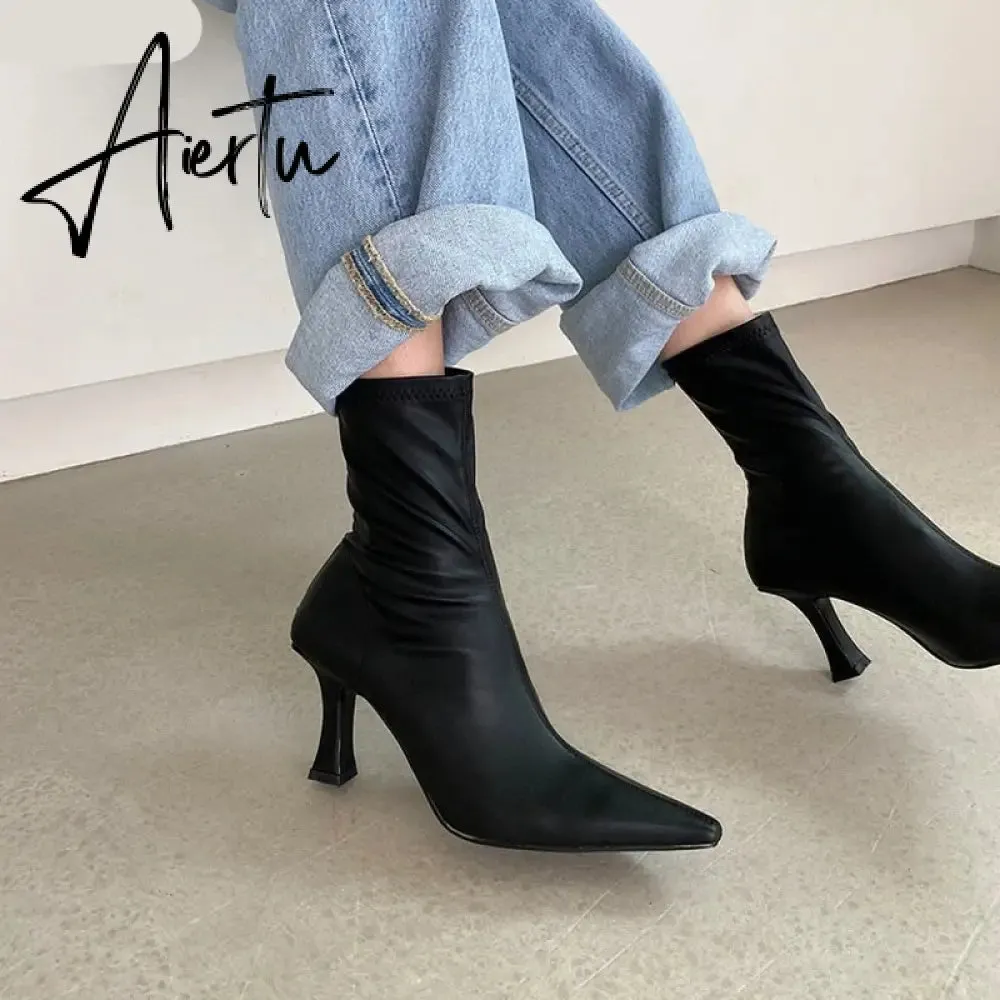 Aiertu Black Women Ankle Boots Woman Thin High Heel Fashion Pointed Toe Zipper Winter Women's Shoes Leather White Short Booties