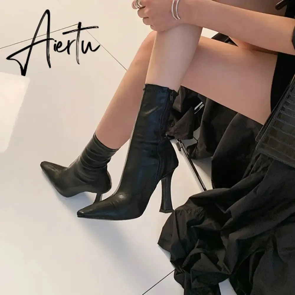 Aiertu Black Women Ankle Boots Woman Thin High Heel Fashion Pointed Toe Zipper Winter Women's Shoes Leather White Short Booties