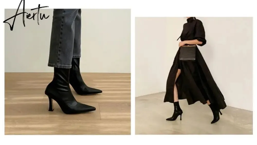 Aiertu Black Women Ankle Boots Woman Thin High Heel Fashion Pointed Toe Zipper Winter Women's Shoes Leather White Short Booties