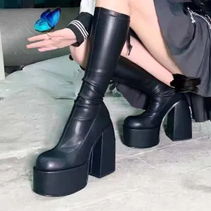 Amozae-Back To School Gifts Thick Heels Chunky High Boots