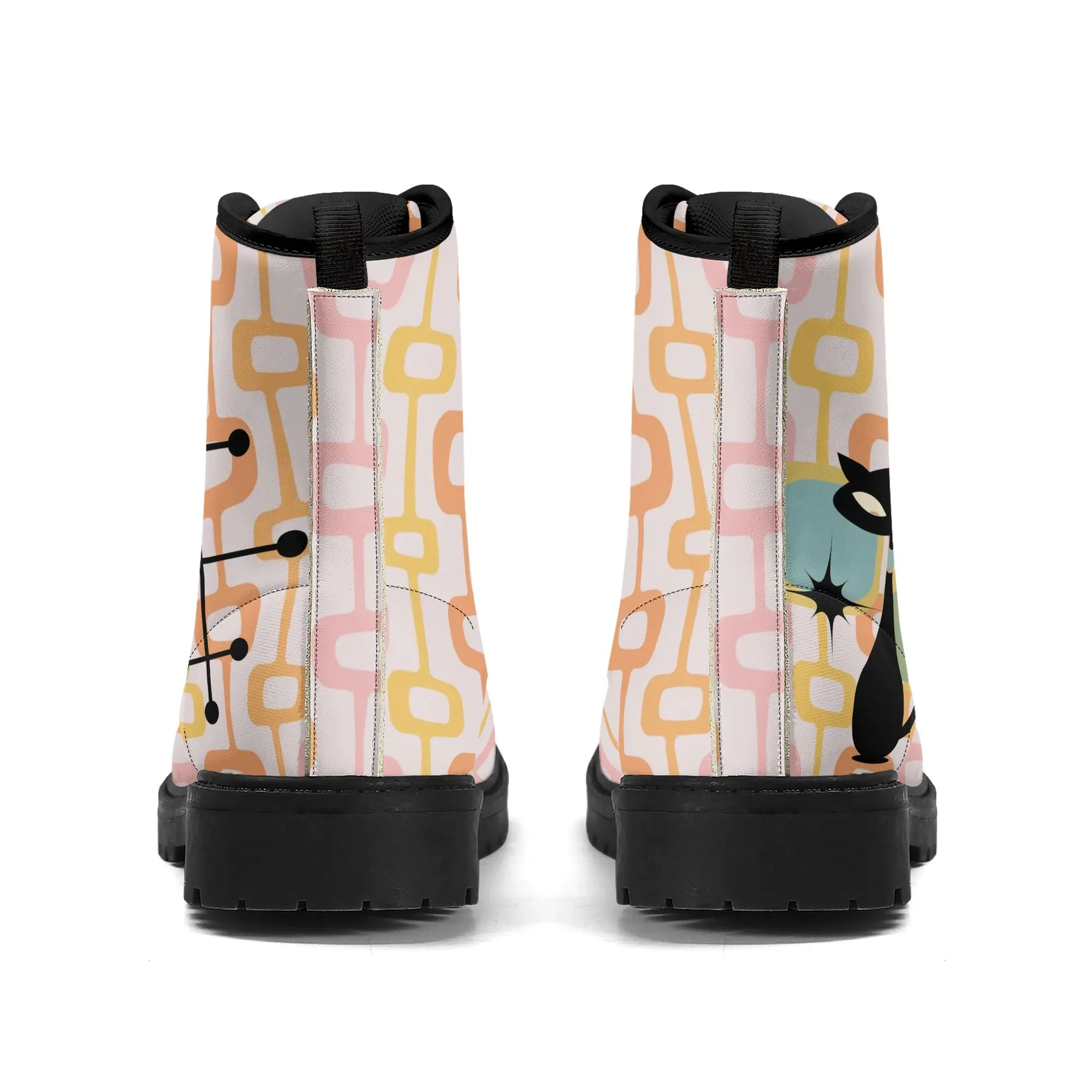 Atomic Cat, Retro Mid Mod, Pink, Orange, Yellow Geometric Hip Womens Boots