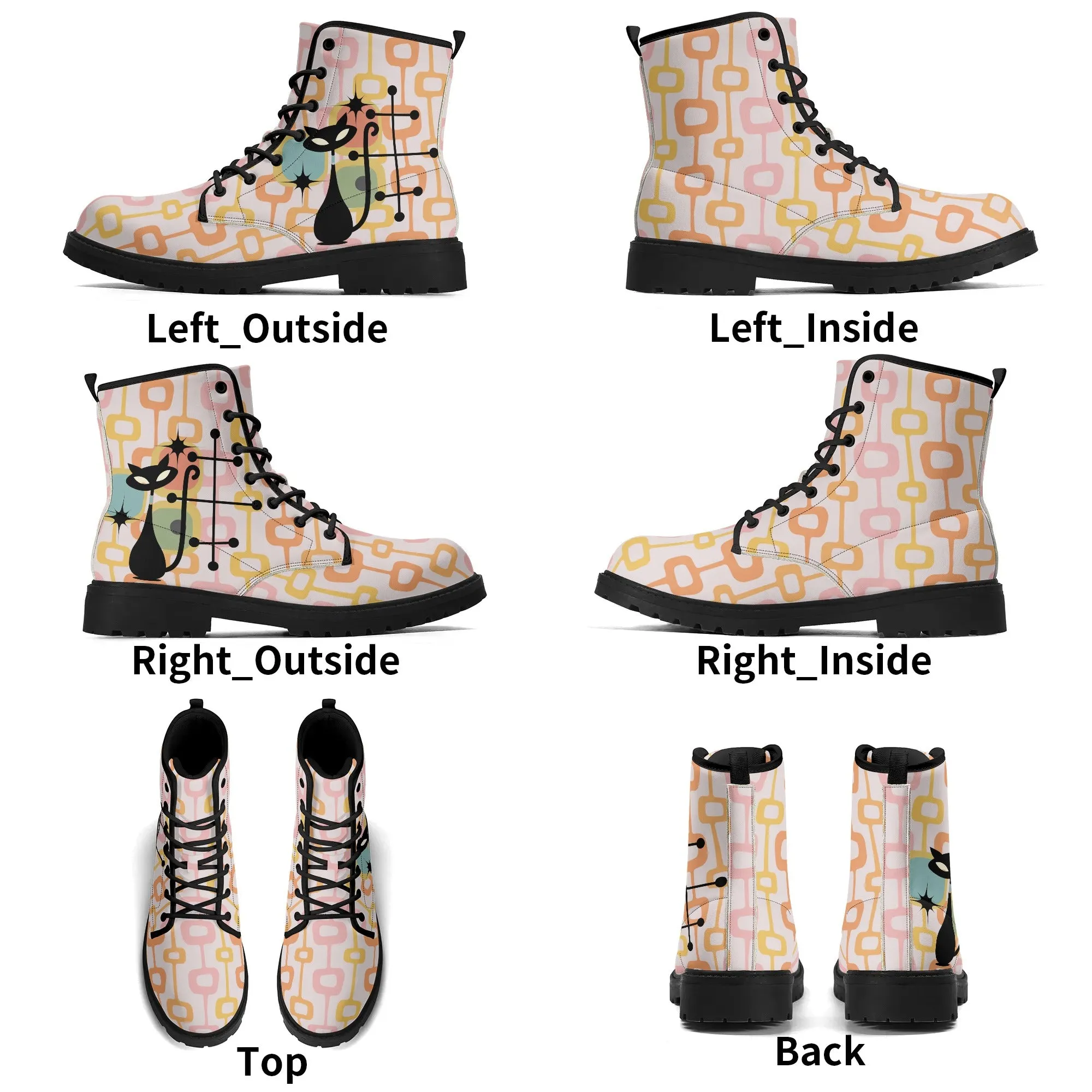 Atomic Cat, Retro Mid Mod, Pink, Orange, Yellow Geometric Hip Womens Boots