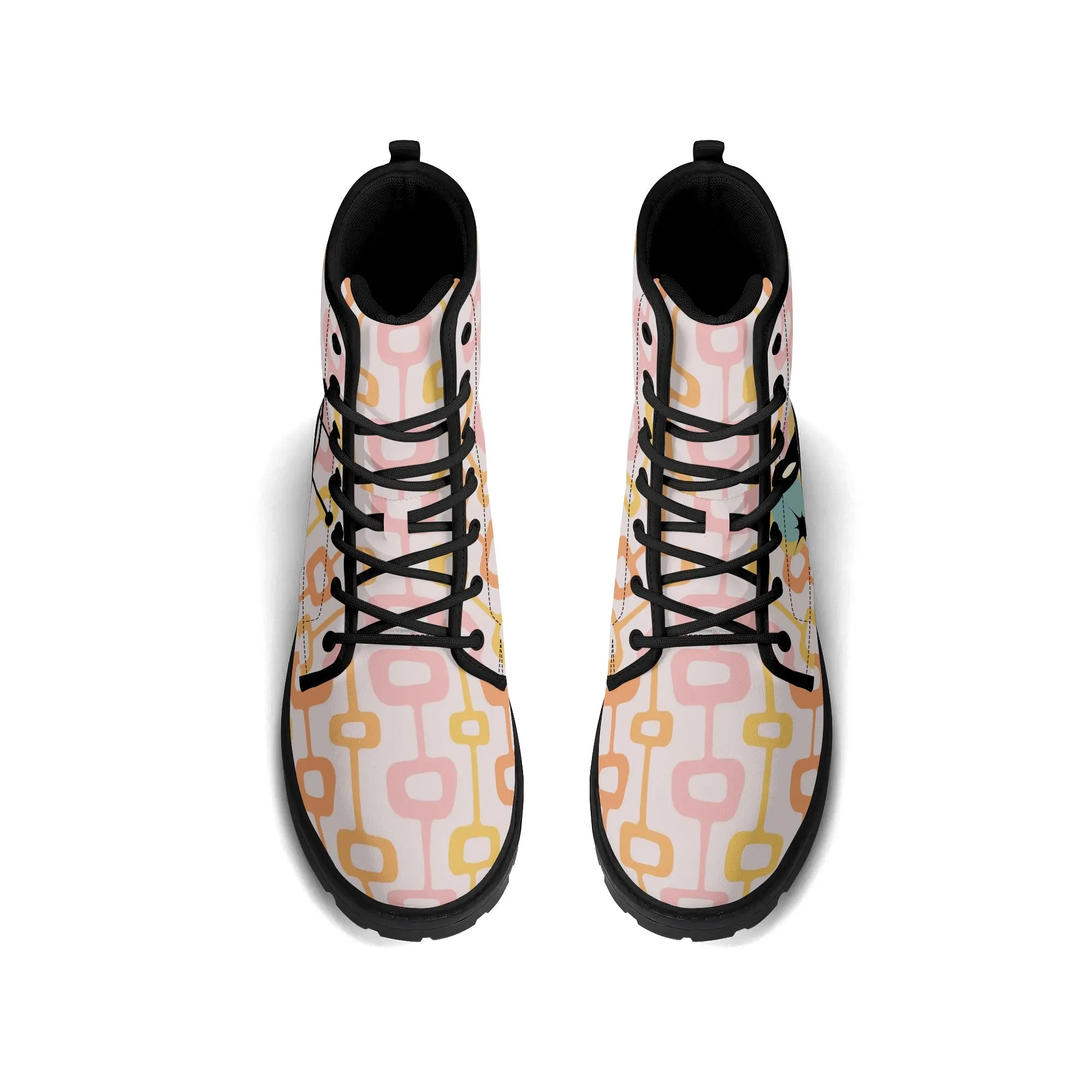 Atomic Cat, Retro Mid Mod, Pink, Orange, Yellow Geometric Hip Womens Boots