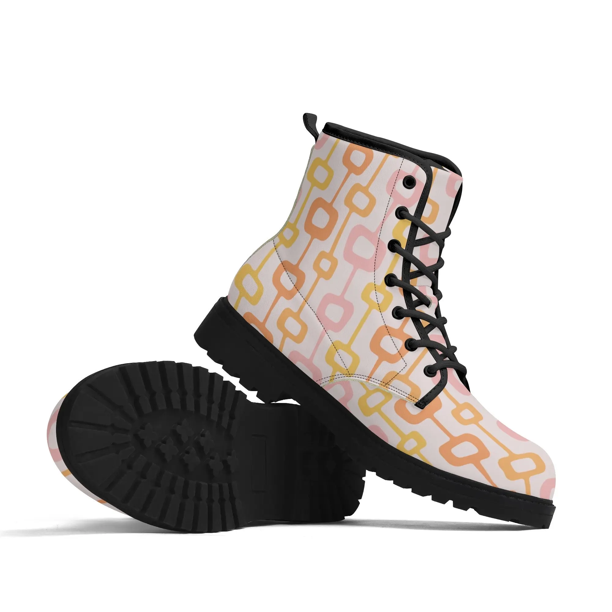 Atomic Cat, Retro Mid Mod, Pink, Orange, Yellow Geometric Hip Womens Boots