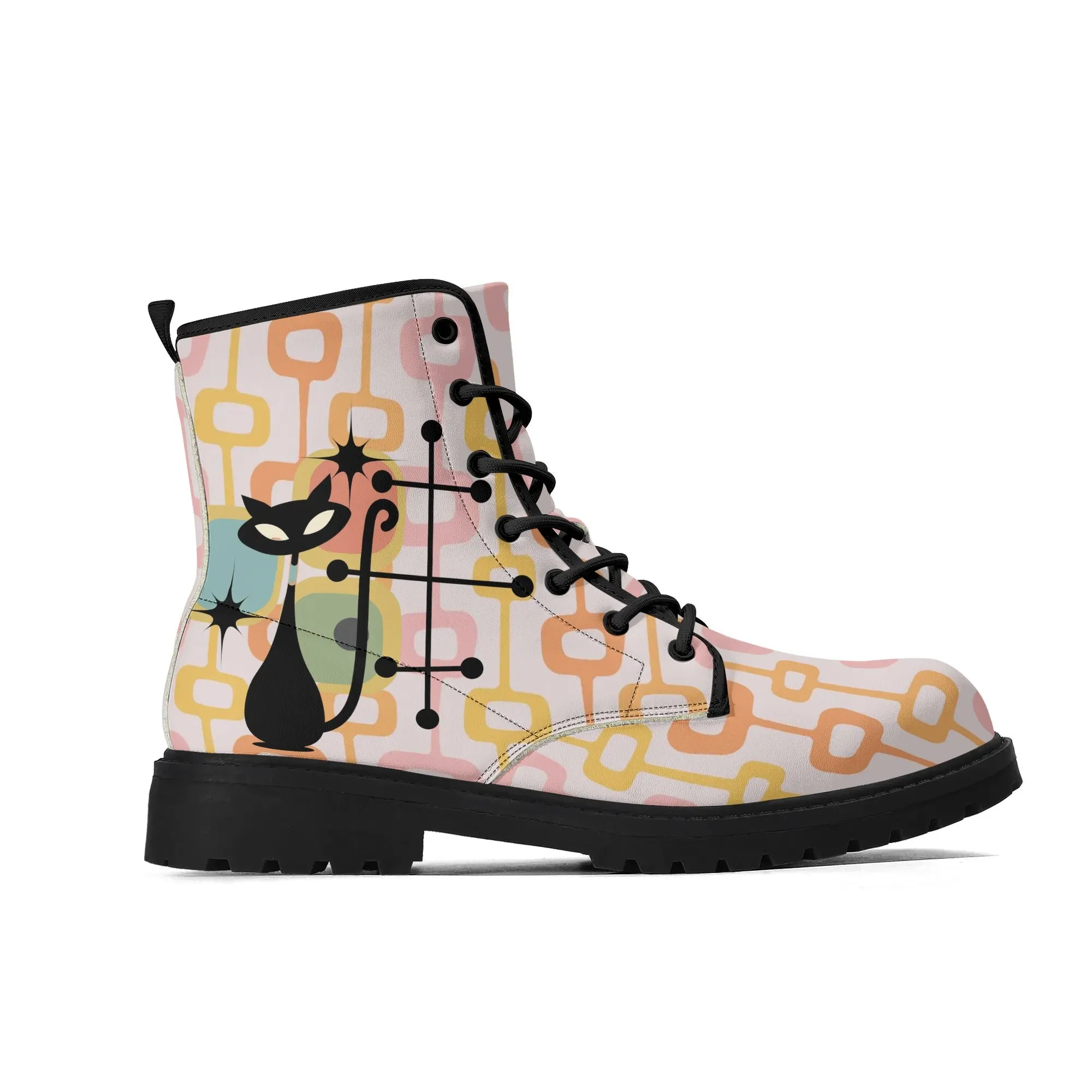 Atomic Cat, Retro Mid Mod, Pink, Orange, Yellow Geometric Hip Womens Boots