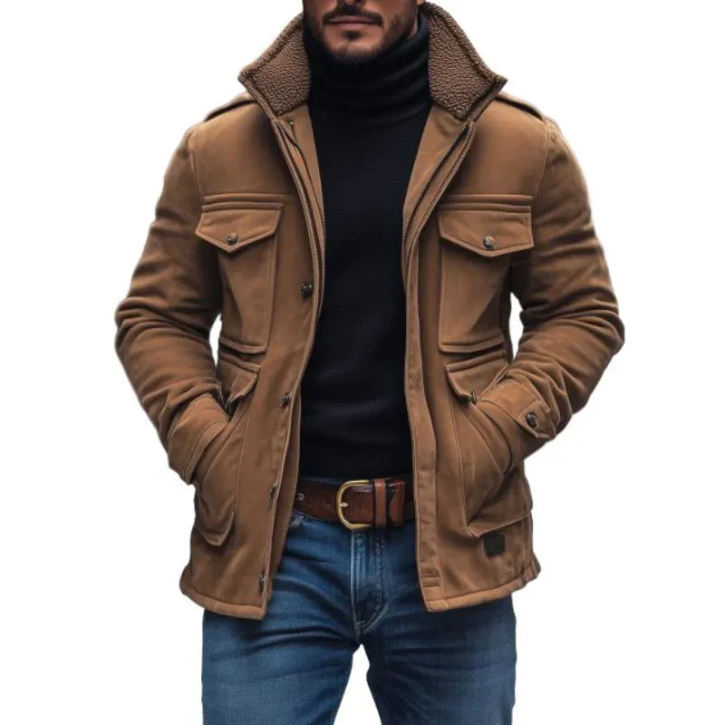 BACKWOODS | Men's Patchwork Suede Fleece Collar Multi-Pocket Zipper Coat