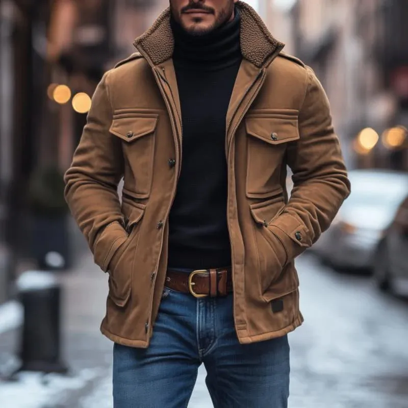 BACKWOODS | Men's Patchwork Suede Fleece Collar Multi-Pocket Zipper Coat