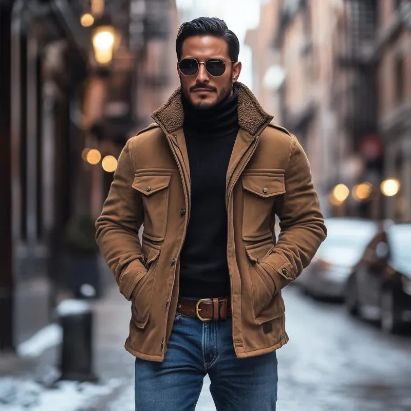 BACKWOODS | Men's Patchwork Suede Fleece Collar Multi-Pocket Zipper Coat
