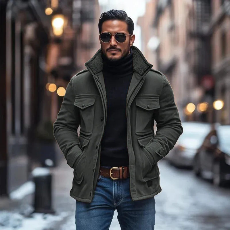 BACKWOODS | Men's Patchwork Suede Fleece Collar Multi-Pocket Zipper Coat