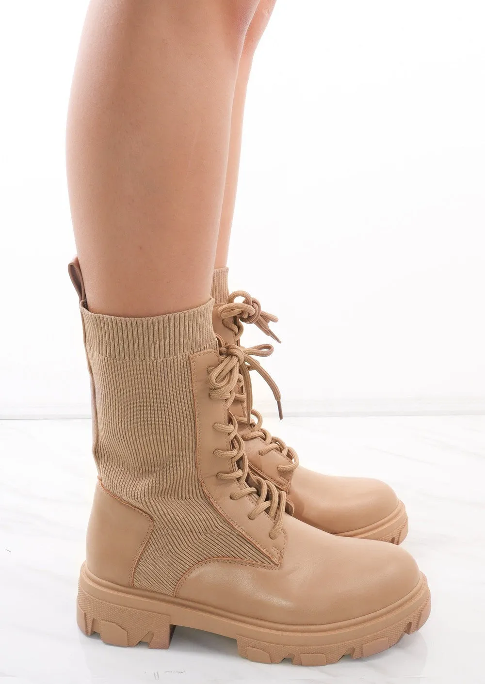 Beige Lace Up Faux Leather Sock Boots