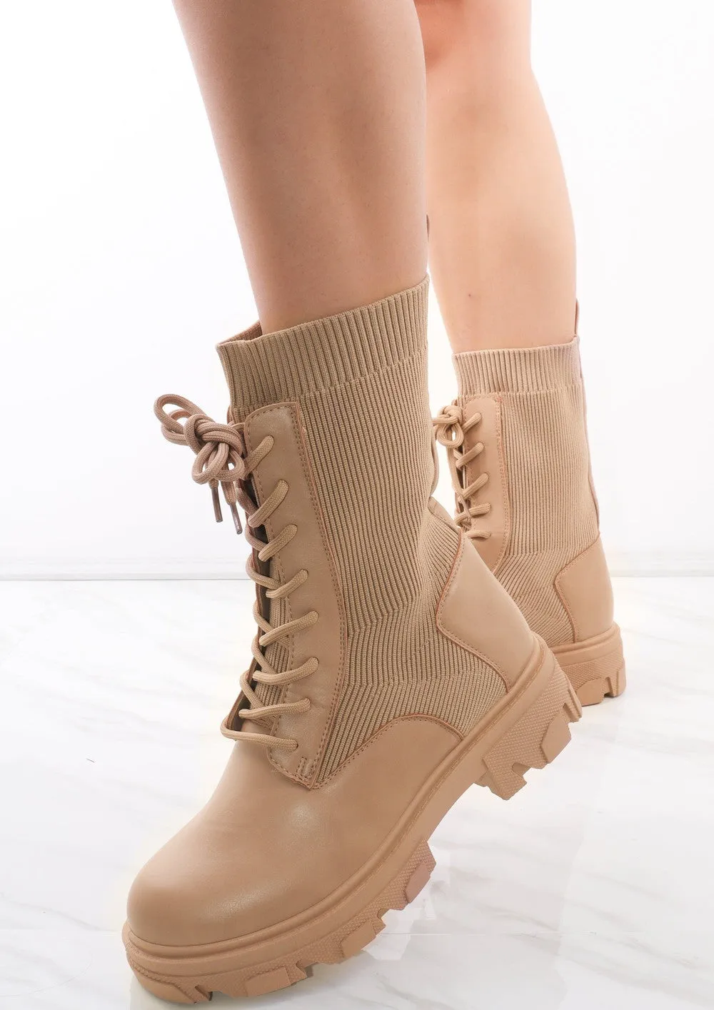 Beige Lace Up Faux Leather Sock Boots