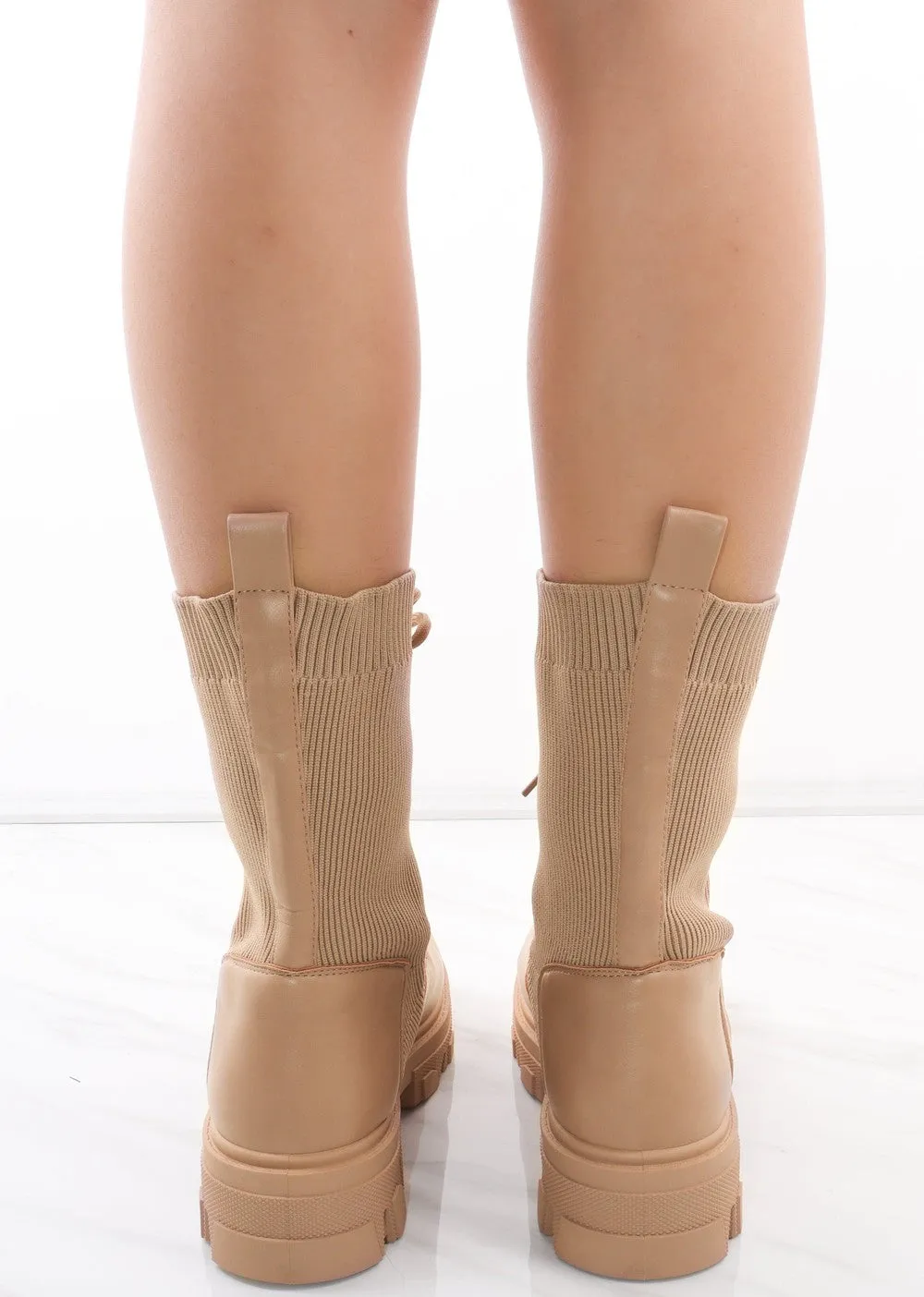 Beige Lace Up Faux Leather Sock Boots