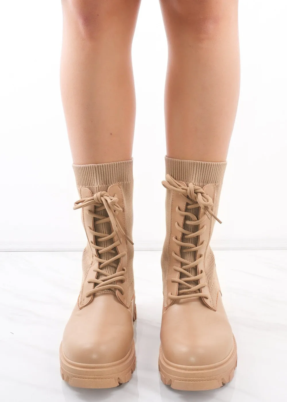 Beige Lace Up Faux Leather Sock Boots