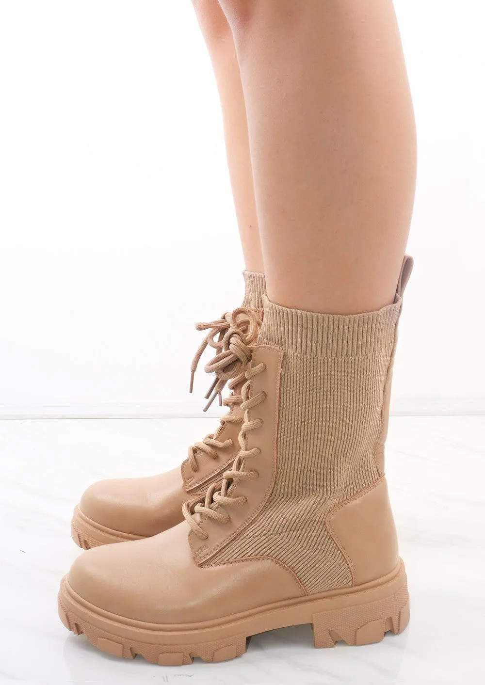 Beige Lace Up Faux Leather Sock Boots