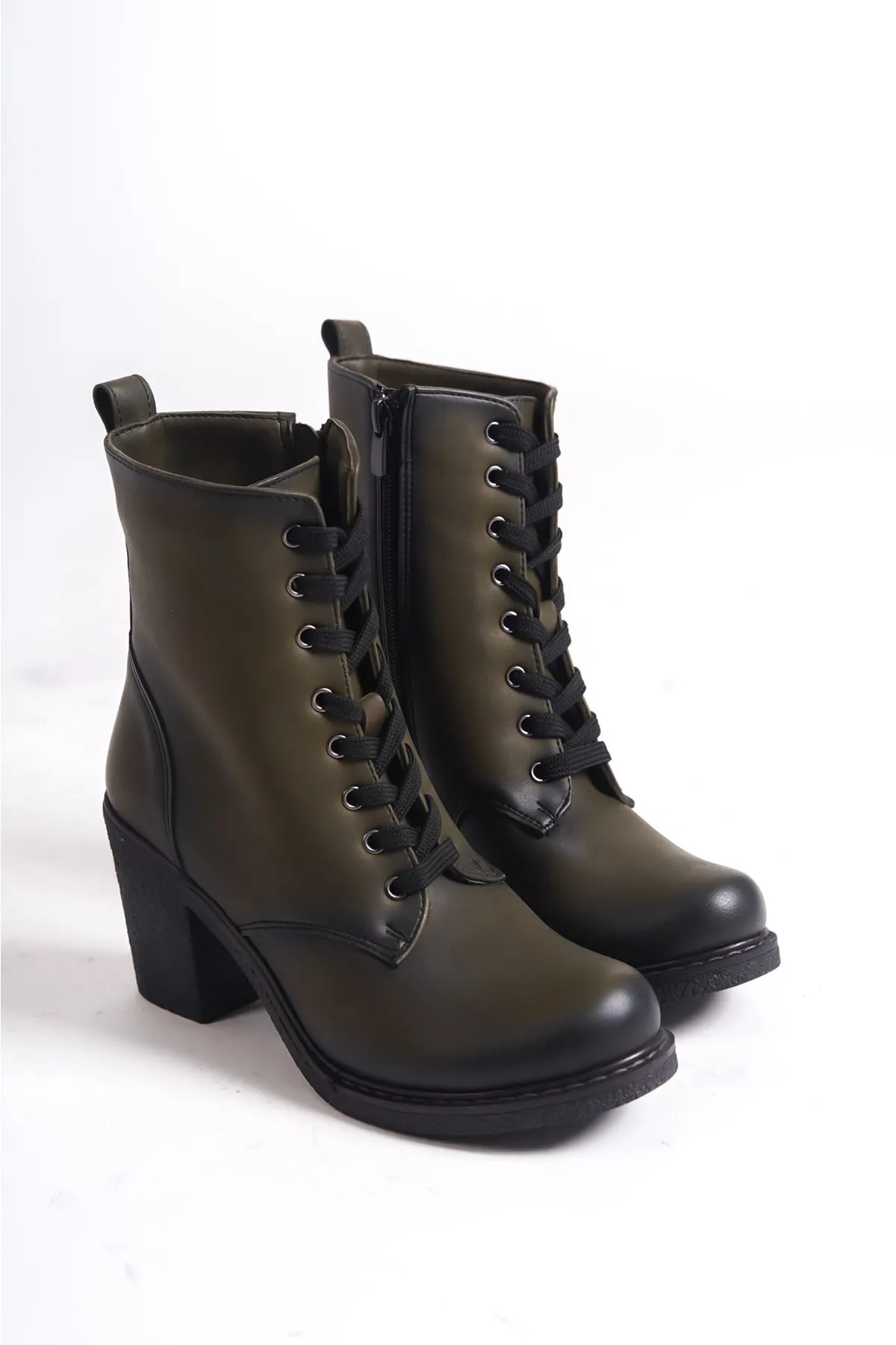 Berzo Khaki Green Platform Heeled Lace Up Boots
