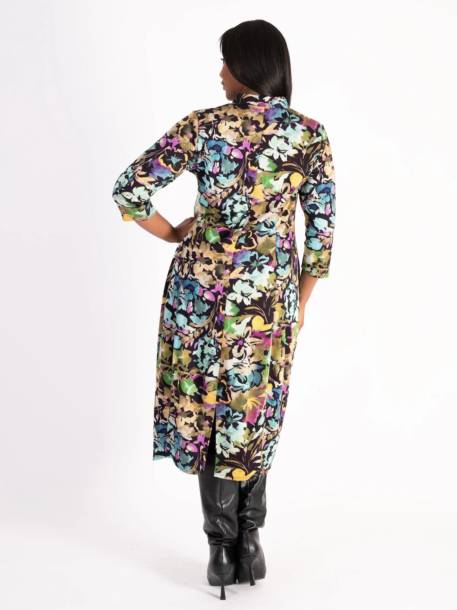 Black & Multi Garden Floral Notch Neck Zip-Front Balloon Dress