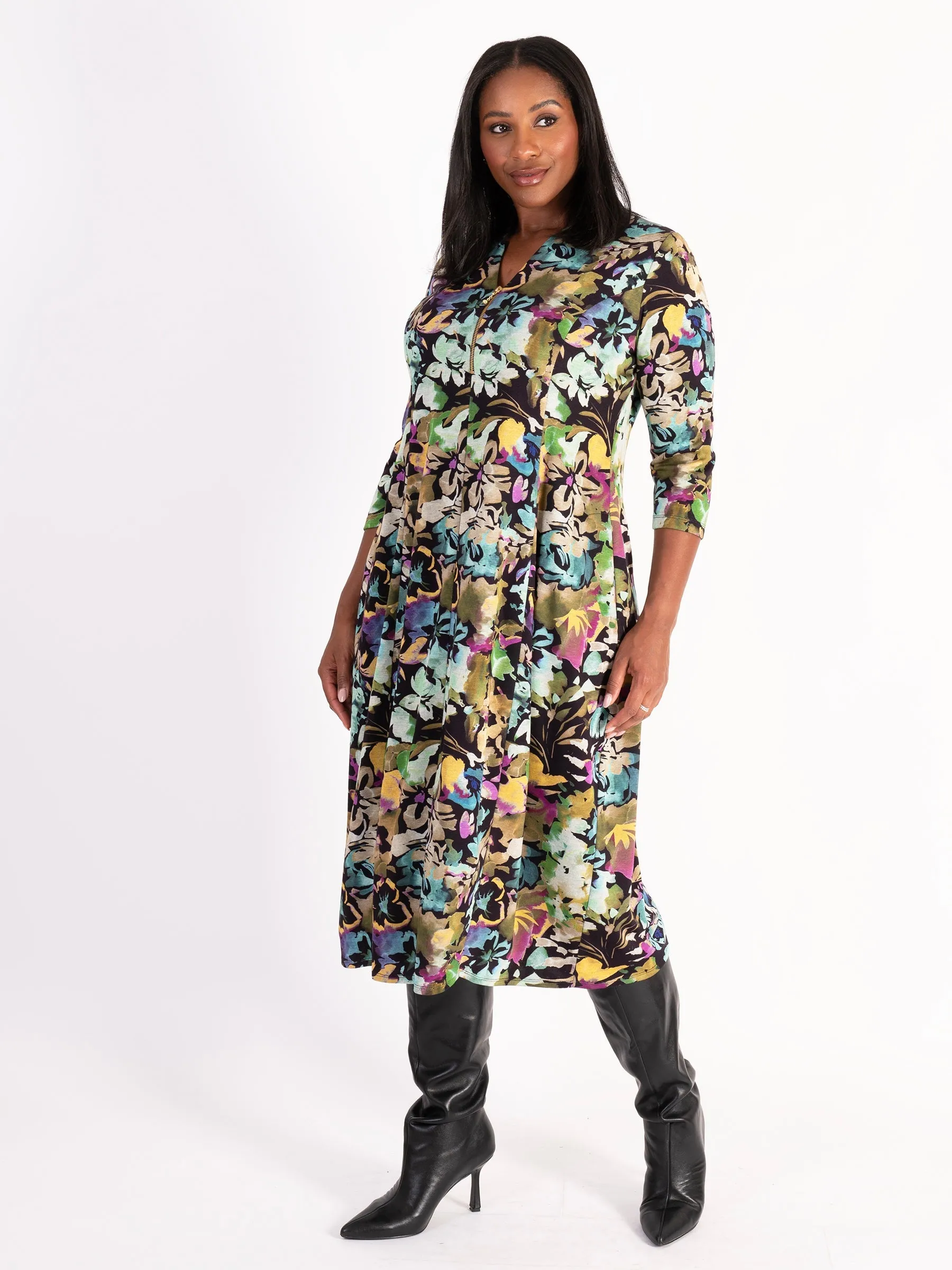 Black & Multi Garden Floral Notch Neck Zip-Front Balloon Dress
