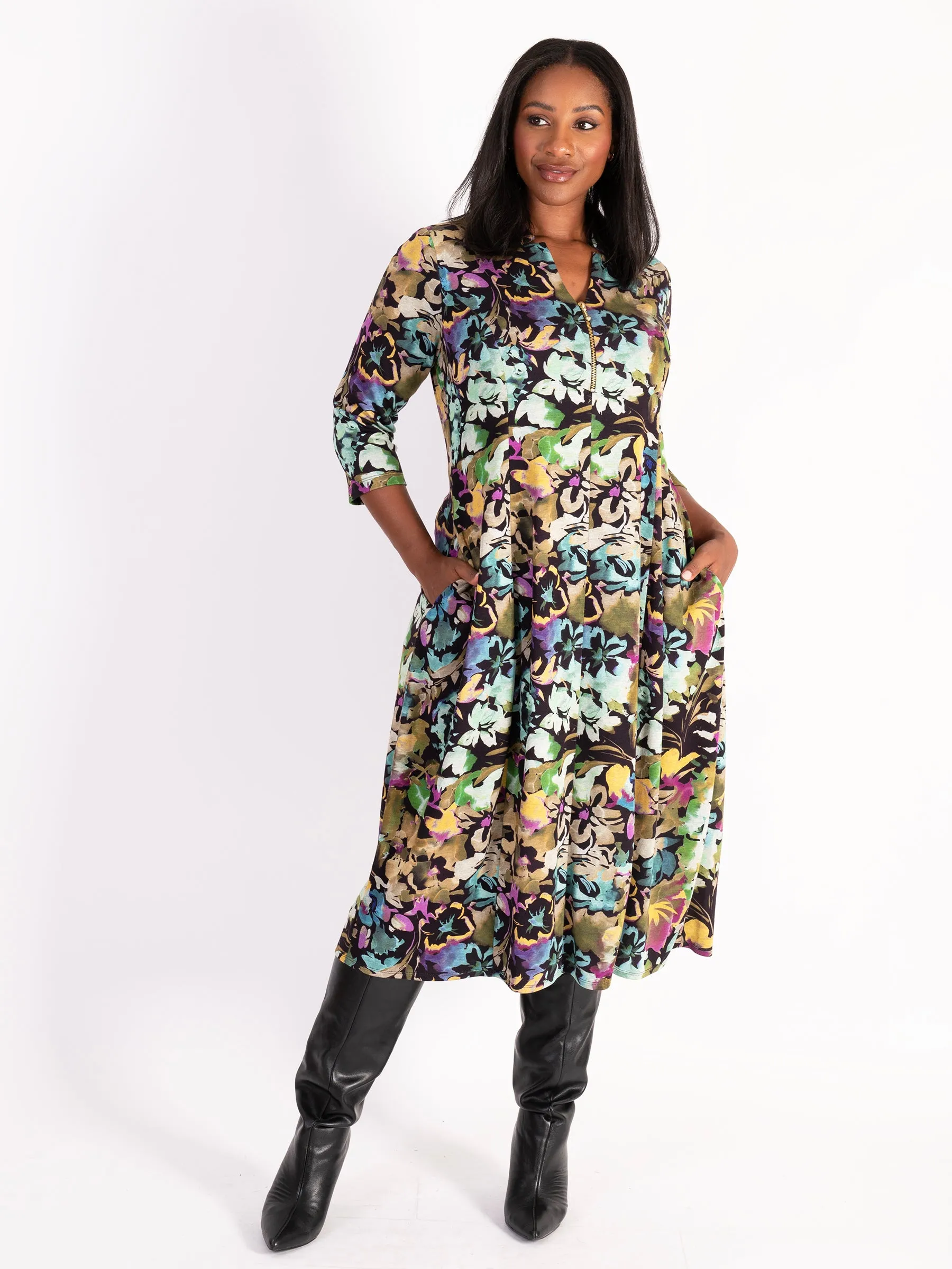 Black & Multi Garden Floral Notch Neck Zip-Front Balloon Dress