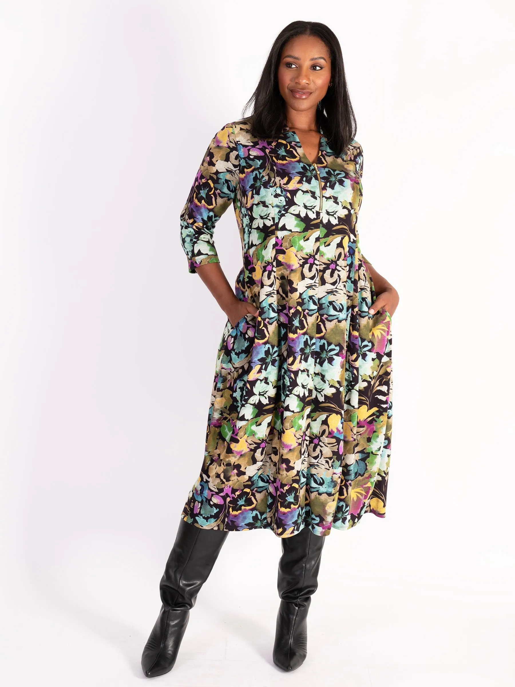 Black & Multi Garden Floral Notch Neck Zip-Front Balloon Dress