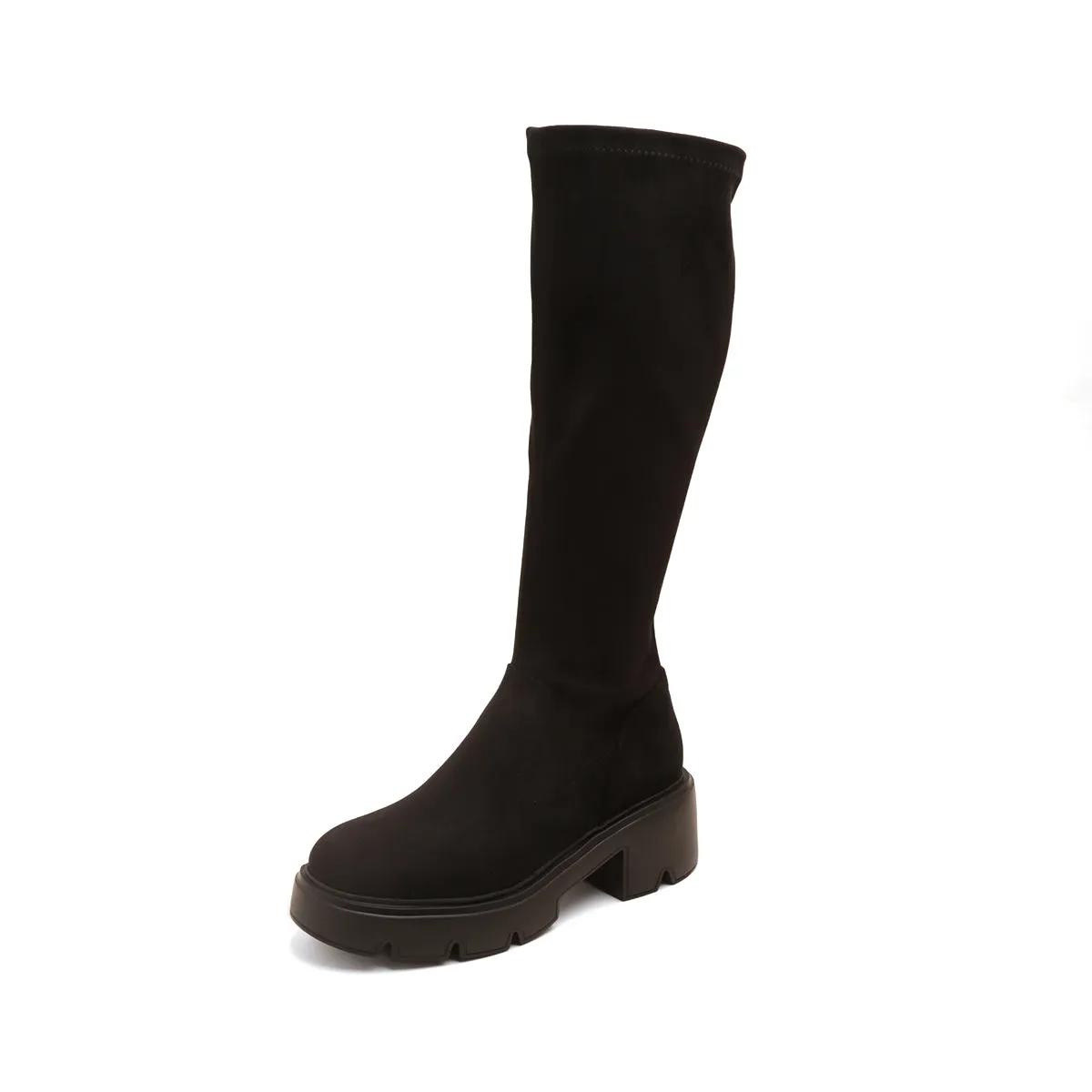 Black Elastic Platform Under Knee Sock Boots