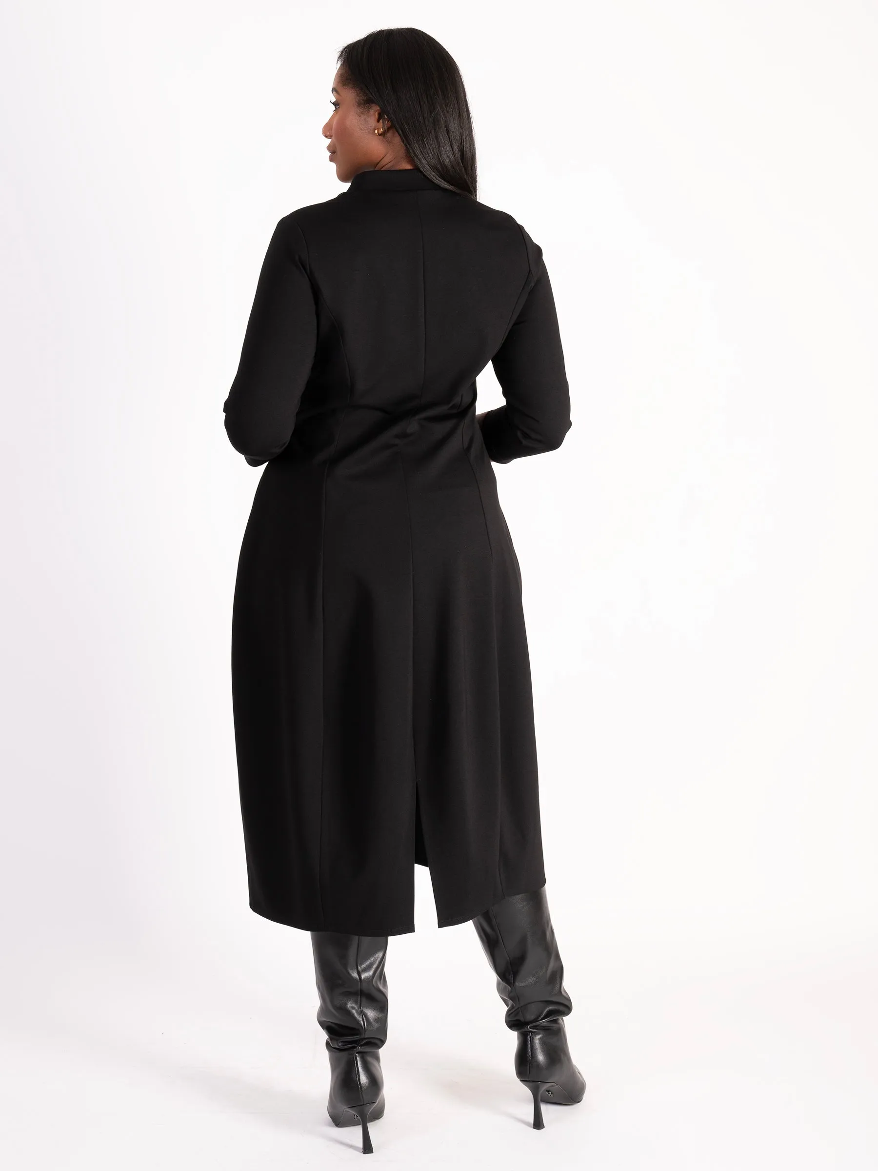 Black Notch Neck Zip Front Ponte Roma Balloon Dress