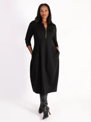 Black Notch Neck Zip Front Ponte Roma Balloon Dress