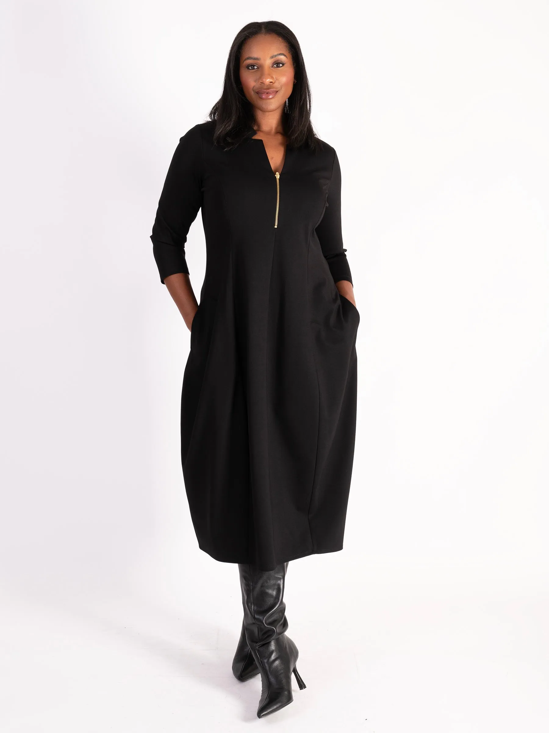 Black Notch Neck Zip Front Ponte Roma Balloon Dress