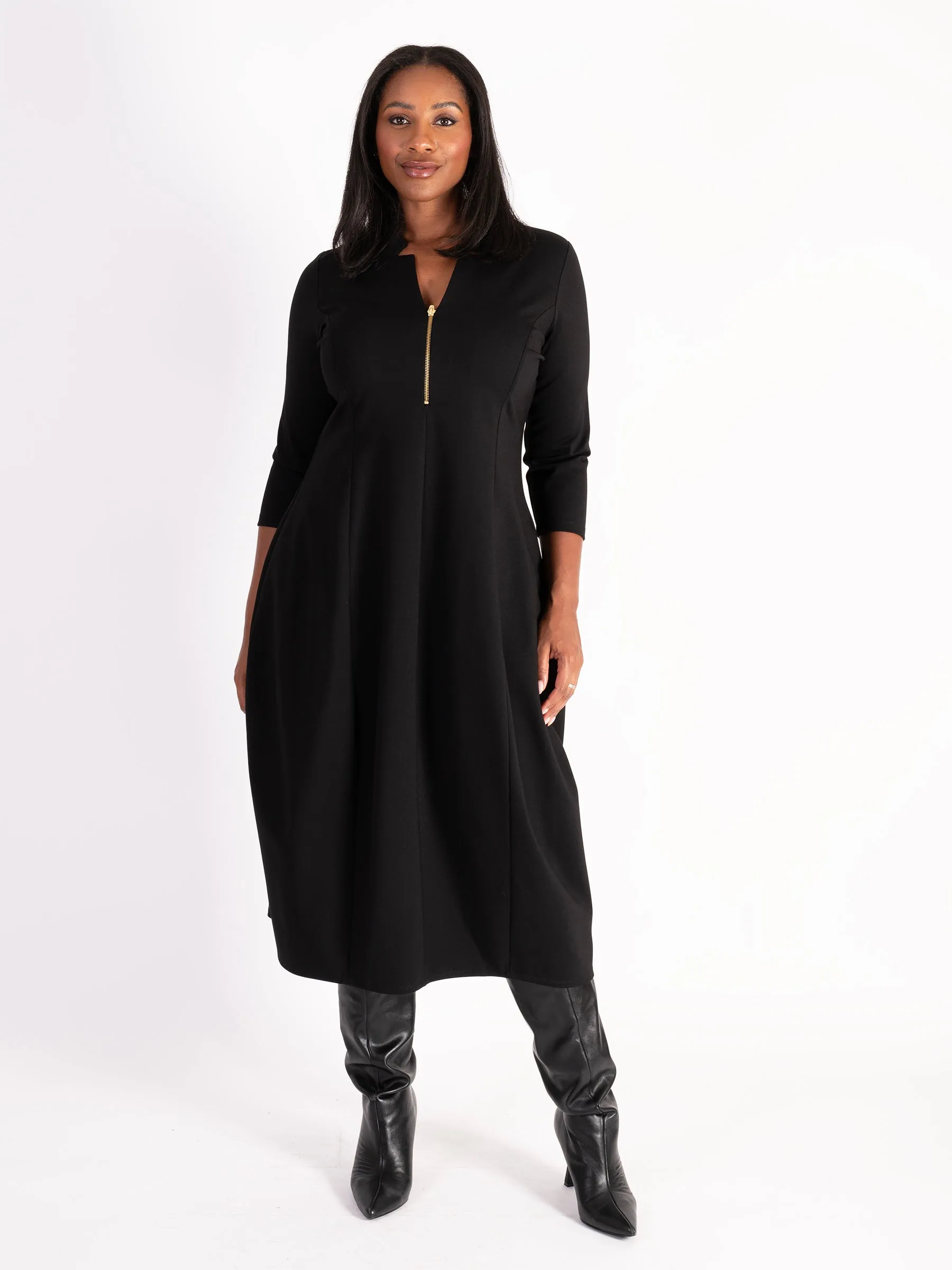 Black Notch Neck Zip Front Ponte Roma Balloon Dress