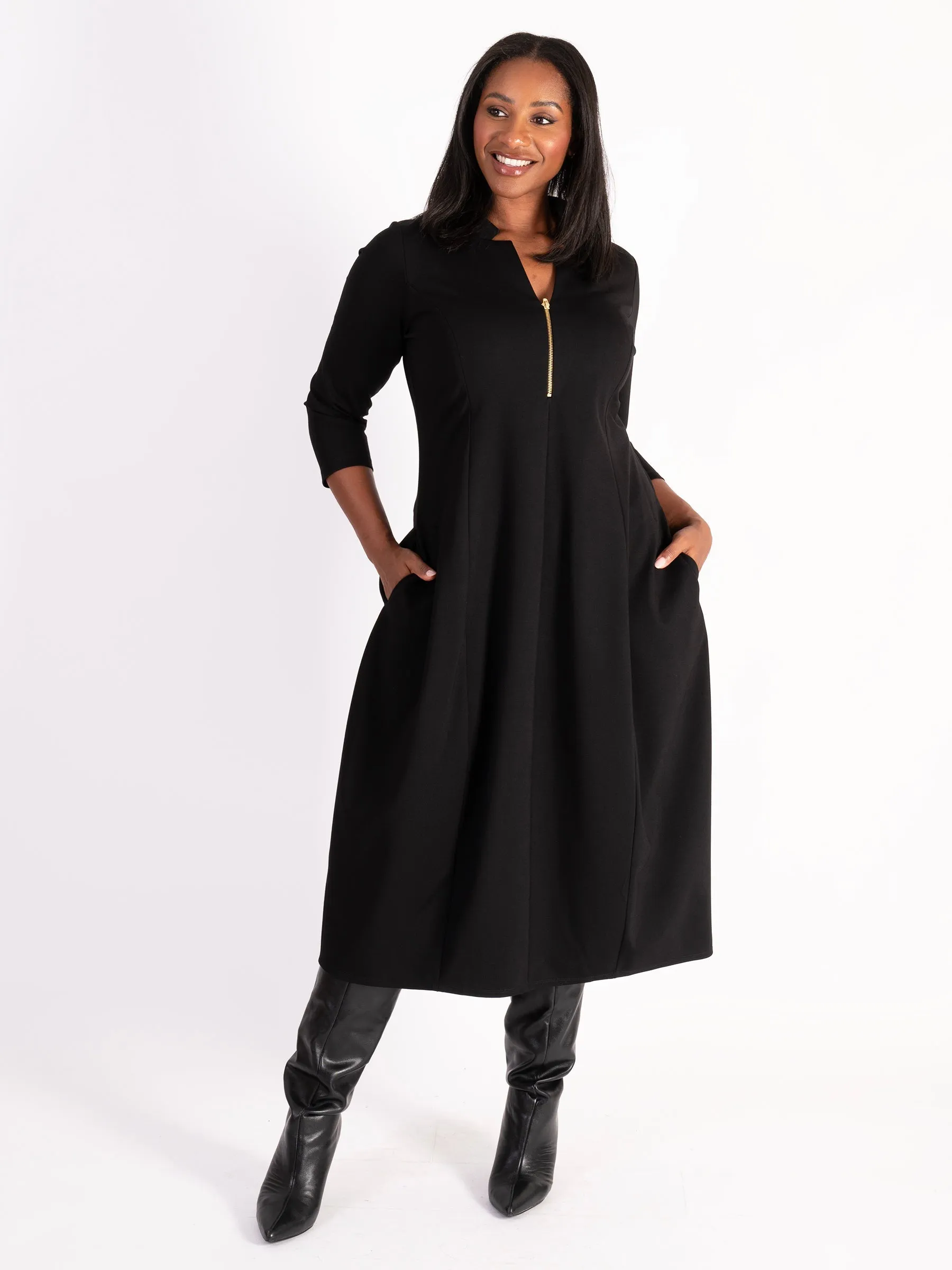Black Notch Neck Zip Front Ponte Roma Balloon Dress