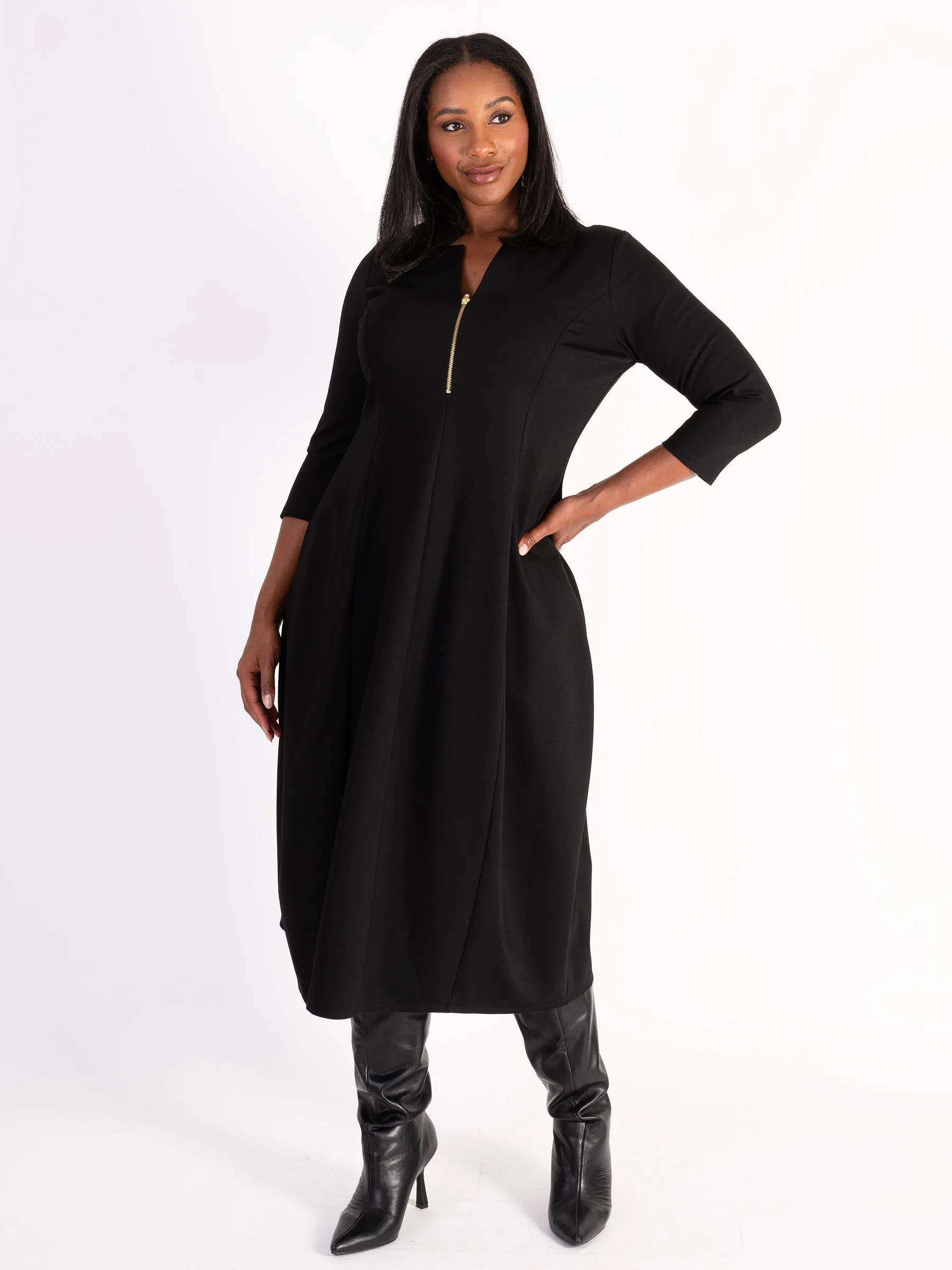 Black Notch Neck Zip Front Ponte Roma Balloon Dress