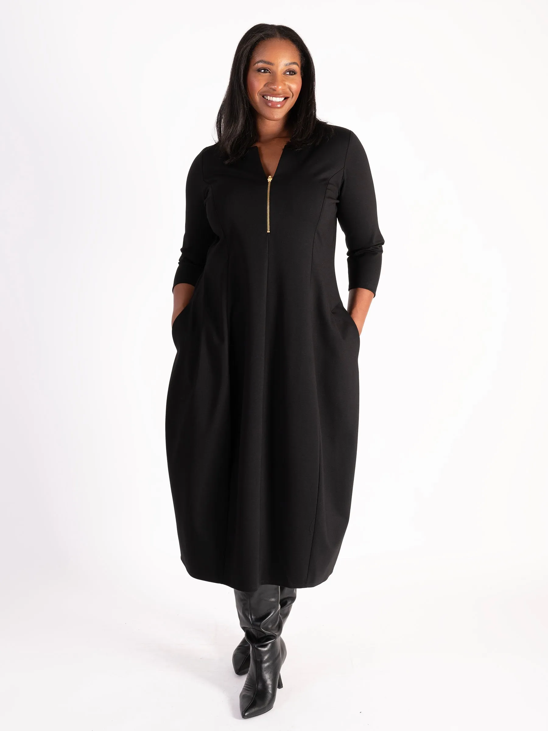 Black Notch Neck Zip Front Ponte Roma Balloon Dress