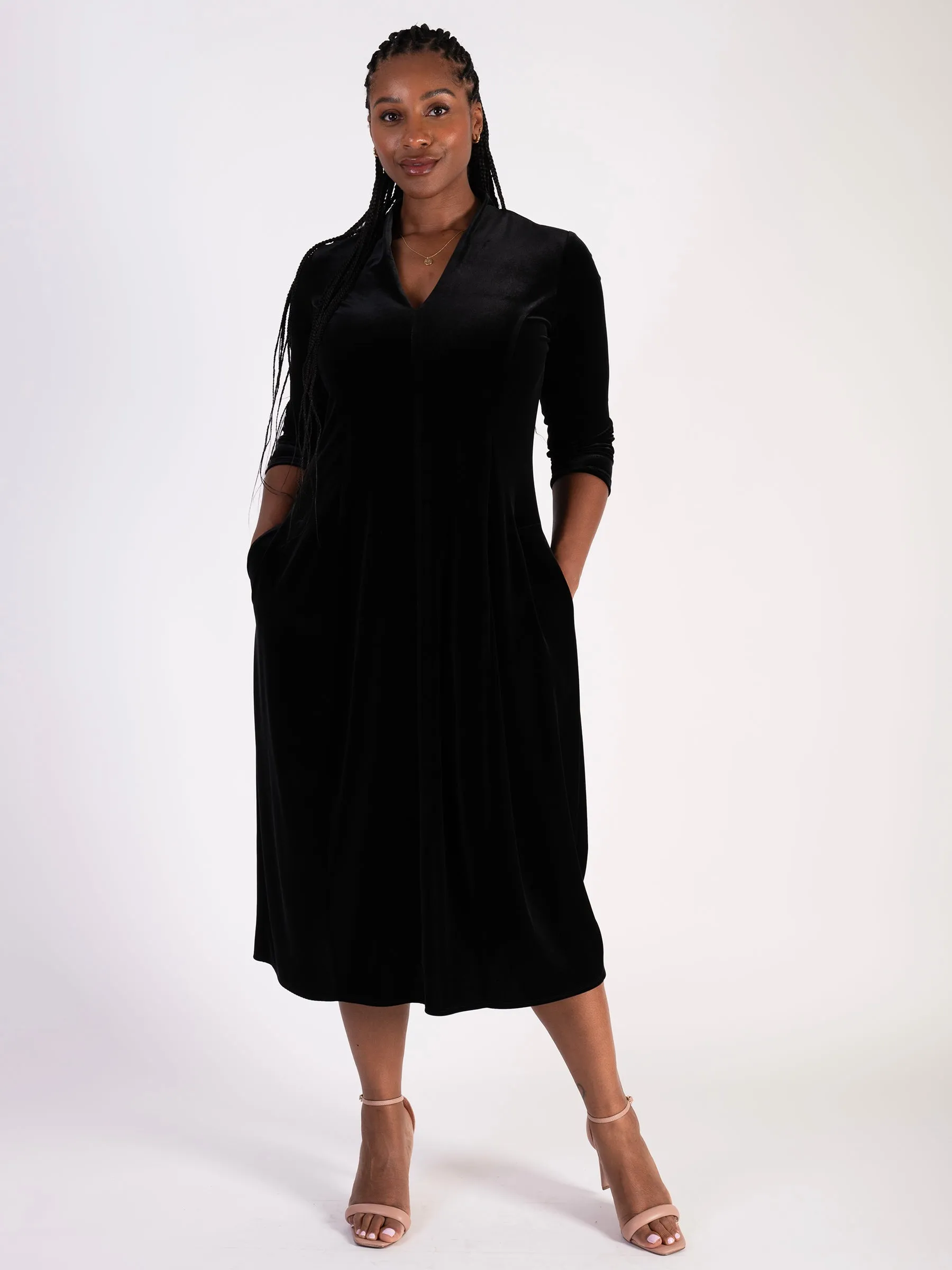 Black Stretch Velvet Panelled Boulle Dress with Back Vent Detail