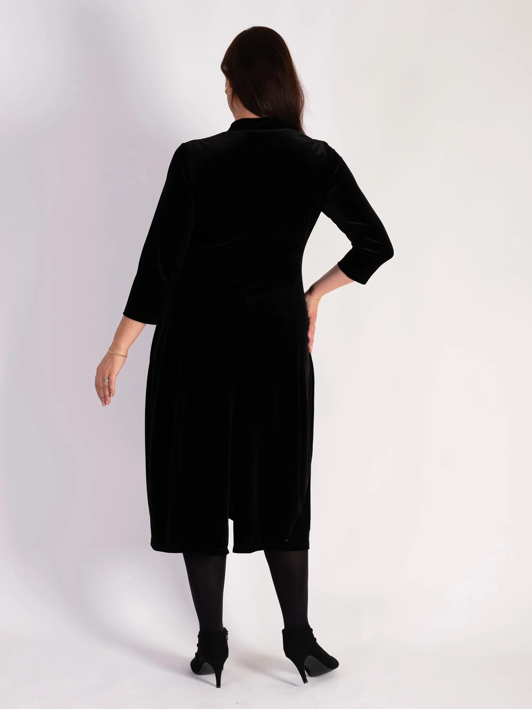 Black Stretch Velvet Panelled Boulle Dress with Back Vent Detail