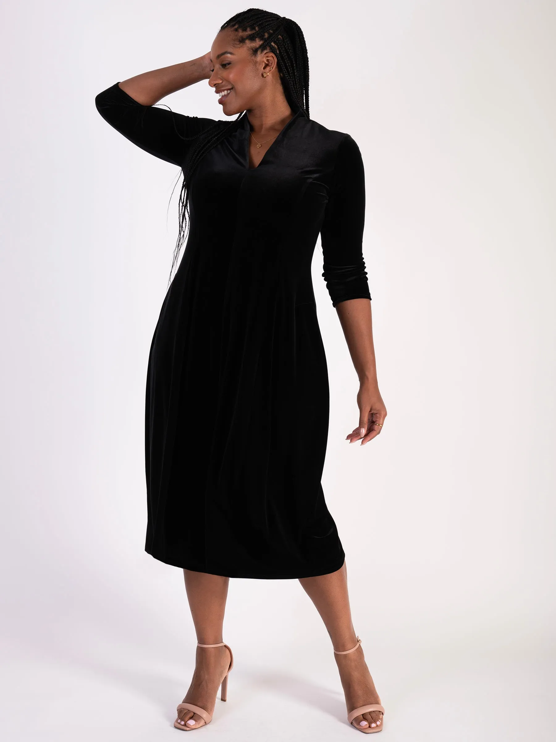 Black Stretch Velvet Panelled Boulle Dress with Back Vent Detail