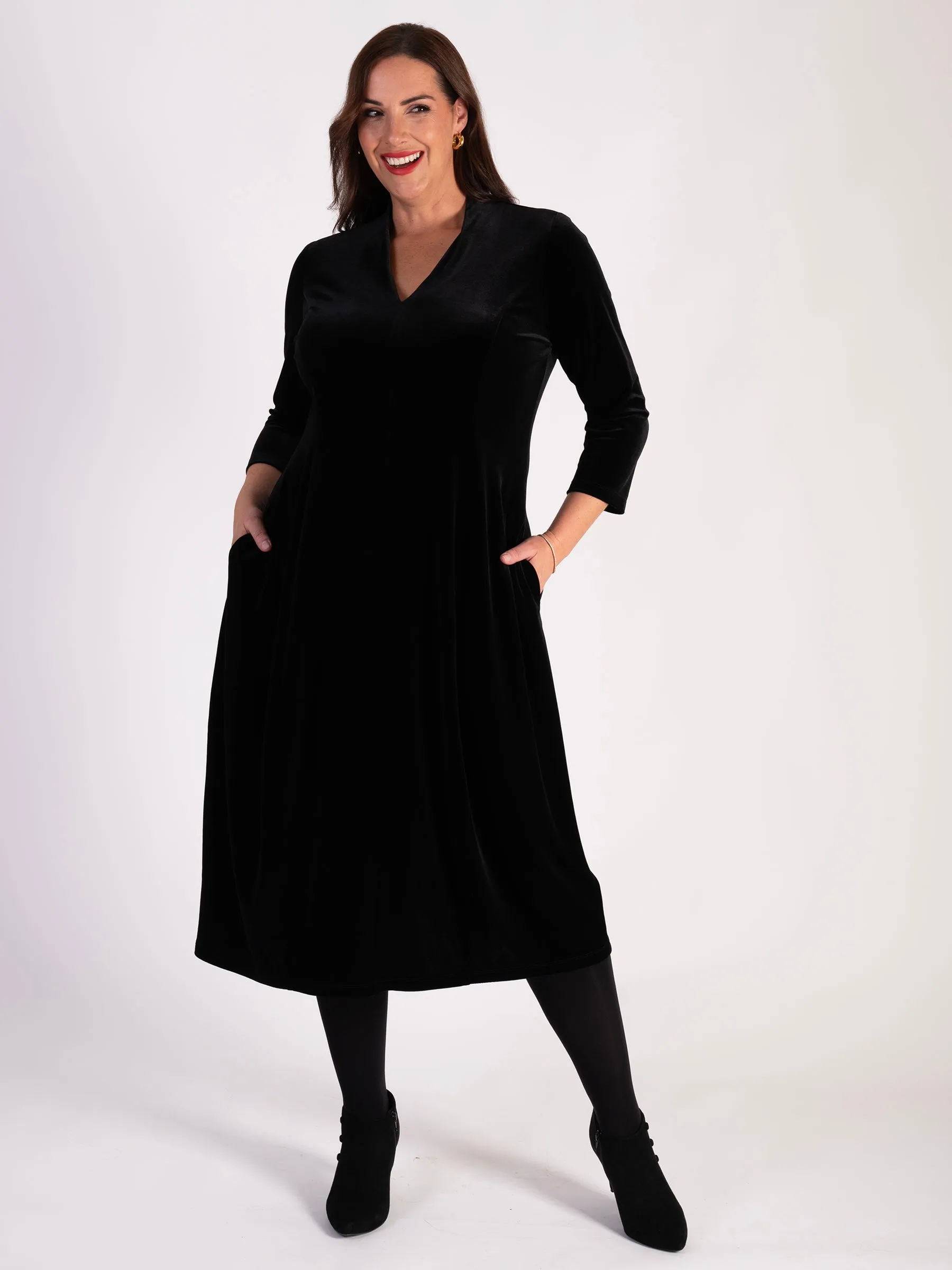 Black Stretch Velvet Panelled Boulle Dress with Back Vent Detail
