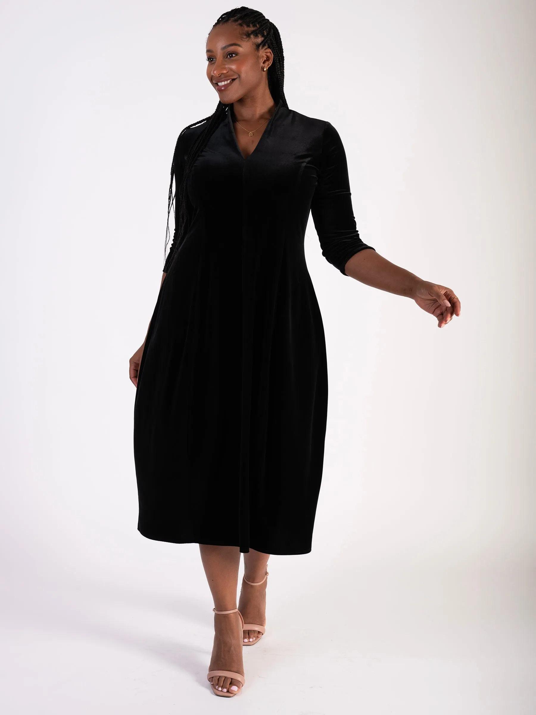 Black Stretch Velvet Panelled Boulle Dress with Back Vent Detail