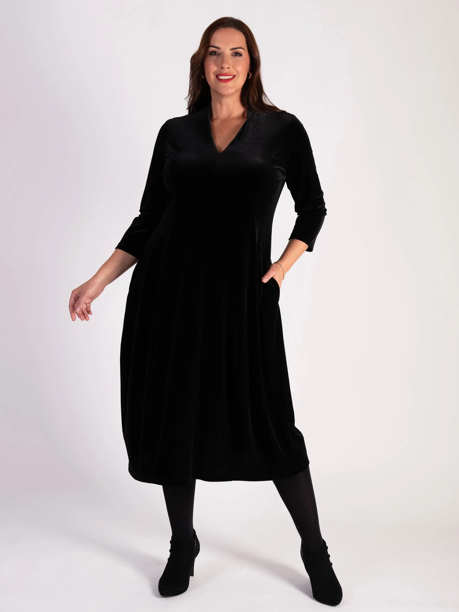 Black Stretch Velvet Panelled Boulle Dress with Back Vent Detail